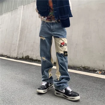 Hip Hop Kırık Delik Tasarım Kot Erkekler İçin Y2k Rahat Şalvar Kot erkek Düzensiz moda pantolon erkek Yüksek Sokak Çok Yönlü Kot