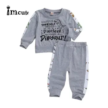 Imcute Yürüyor Çocuk Erkek Bebek giysileri Mektup Dinozor Tişörtü Tops + Karikatür Pantolon Giyim Giyim Seti Eşofman Erkek