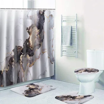Iskandinav Duş Perdesi Geometrik Sanat Mermer Desen Su Geçirmez Tuvalet Kapağı Mat 4 Set kaymaz Banyo Halıları Ev Banyo Dekor
