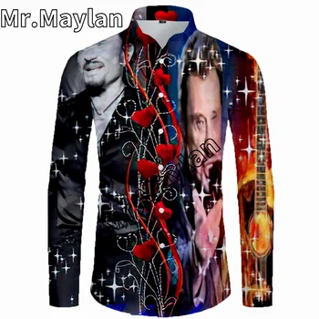 Johnny Hallyday 3D Gömlek havai gömleği Erkekler Yaz Uzun Kollu Gömlek Erkek Gömlek 2023 Büyük Boy 5XL gömlek Camisas Masculinas-0156