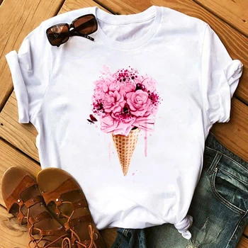 Kadın Dondurma Buket Baskı Tişörtleri Yaz Rahat Kısa Kollu Gömlek Kawaii Kadın Gömlek T Kadın T-shirt Kadın Tee