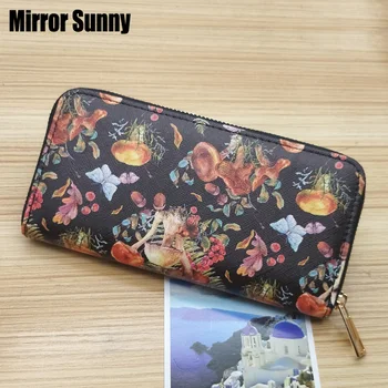 Kadın Fermuarlı çanta Mantar Baskı Desen PU deri cüzdan Kadın kart tutucu Şık Cep Telefonu el çantası Moda