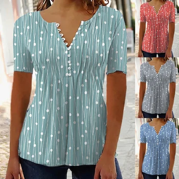 Kadın İlkbahar yazlık t-Shirt Bluzlar Kısa Kollu V Yaka Üstleri Vintage Moda Sokak Stili Polka Dot Baskılı Gömlek