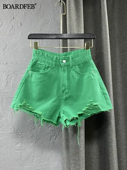 Kadın Kot Şort Yaz Kadın Moda Şeker Renk Yırtık Yüksek Bel Seksi Rahat Gevşek Kot A-Line Geniş Bacak kısa pantolon