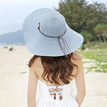 Kadın plaj şapkası Renkli Taş Dekor Anti-UV Hasır Şapka Katlanabilir Yuvarlak Kubbe Bayan Şapka Nefes Büyük Ağız Disket Kadın güneş şapkası