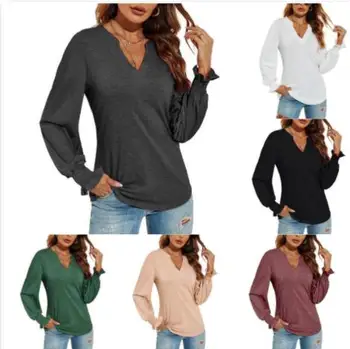 Kadın Yeni T-shirt 2023 İlkbahar Yaz Puf Uzun Kollu Gömlek Moda O-boyun Yumuşak Düz Renk Üst Rahat Zarif Bayanlar Bluz