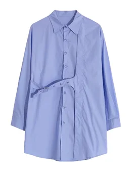 Kadınlar Vintage Mavi Dantel-up Gömlek Tek Göğüslü Kadın Uzun Kollu Bluzlar Üst 2023 İlkbahar Sonbahar Yeni Bayanlar Blusas Tops H073