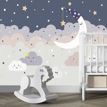 Karikatür yıldız uyku ay bulutlar,Özelleştirilmiş 3D duvar çocuk duvar kağıdı, kendinden yapışkanlı duvar kağıdı, oturma odası, yatak odası, kanepe