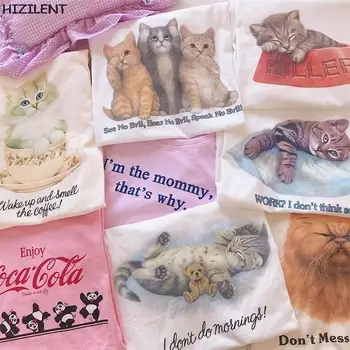 Kawaii Tişörtleri sevimli kedi Mektup Anime Baskı Зутболка Harajuku peri grunge Estetik Kısa Kollu Y2k giysileri Üstleri Kadın T-Shirt
