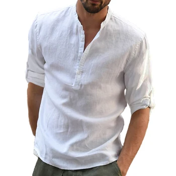 KB Yeni erkek Casual Bluz Pamuk Keten Gömlek Gevşek Üstleri Uzun Kollu Tee Gömlek Bahar Sonbahar Rahat Yakışıklı Erkek Gömlek