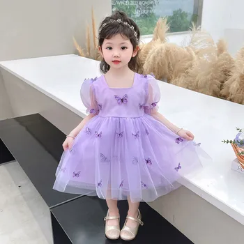 Kelebek Prenses Elbise Çocuklar Kızlar İçin yaz giysileri 2023 Puf Kollu Kare Yaka Örgü Gazlı Bez Düğün doğum günü partisi elbiseleri