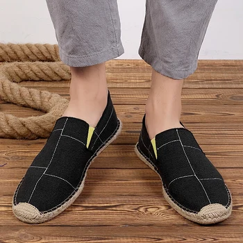 Klasik Yaz erkek Loafer'lar Nefes Keten Siyah gündelik erkek ayakkabısı Slip-on Balıkçı Espadrille Ayakkabı Erkekler Zapatos De Hombres 1