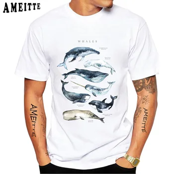 Komik Balina Sanat Baskı T-Shirt Yeni Yaz Erkekler Kısa Kollu Hayvan Tasarım Beyaz Casual Tops Hip Hop Serin Erkek Tees