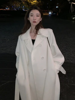 Kore Kış Zarif Kadın Yün Ceket V Yaka Gevşek Düğmeler Bandaj Kadın Ceket Yün Palto Offiec Bayan Dış Giyim Rüzgarlık
