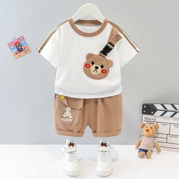 Kore Moda Erkek Bebek Giysileri Setleri toddlers Çocuk Kız Kısa Kollu Şort Ayı T-Shirt takım elbise Yaz