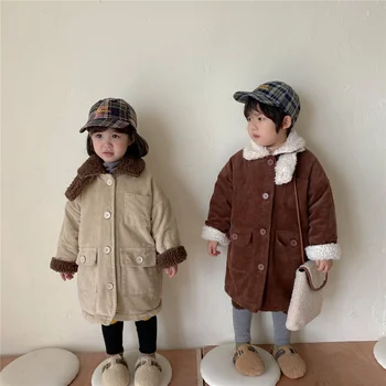 Kore tarzı 2023 kış unisex çocuklar kalın kadife uzun tarzı mont 2-6 yıl çocuk iç berber Polar sıcak dış giyim ceket