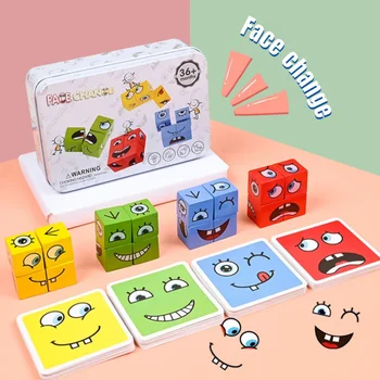 Küp Yüz Değişimi Yapı Taşları Tahta Oyunu Ahşap Bulmaca Montessori İfade ahşap Bloklar Blocos Çocuklar Çocuklar İçin Oyuncaklar Hediye