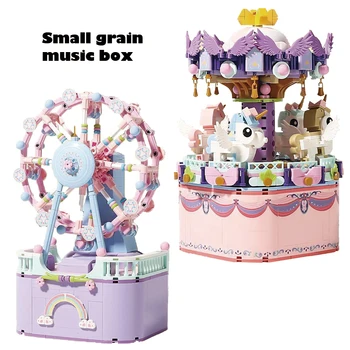 Küçük parçacık yapı taşları, çocuk montaj oyuncaklar, DIY ekleme yapı taşları, merry-go-round, dönme dolap müzik kutusu