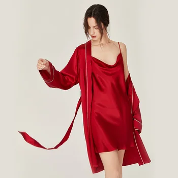 Kırmızı Düğün Kimono Kıyafeti Bornoz kadın Lüks İpek Pijama 100 % İpek Orta Uzunlukta Elbise Kimono 2 Adet Sleepwaer Bornoz Seti