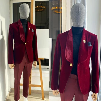Kırmızı erkek Takım Elbise Özel 2 Adet Kadife Blazer Bordo Pantolon Bir Altın Düğme Şeffaf Yaka Resmi Damat İnce Özel Artı Boyutu