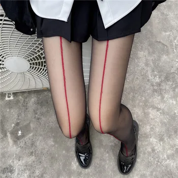 Kırmızı Çorap Dikey Çubuk Açık Çatal Külotlu Kadın Duygu Siyah İpek Çorap İnce Siyah Çizgi Bir Çizgi İpek Çorap