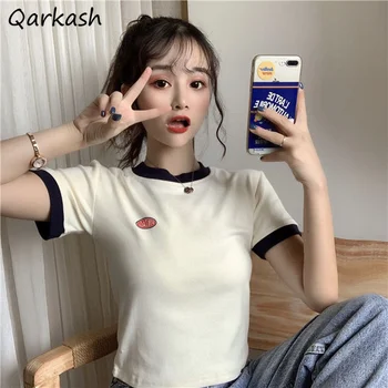 Kısa kollu tişörtler Kadın Patchwork Kore Tarzı 5 Renkler Yaz Öğrencileri Moda Tüm Maç İnce Kırpma Üst Eğlence Femme Yumuşak