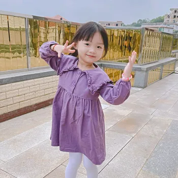Kız Elbise Mor Katı Bahar Sonbahar Çocuk Giyim Prenses Çocuk Giysileri Toddler Kız Elbise Uzun Kollu