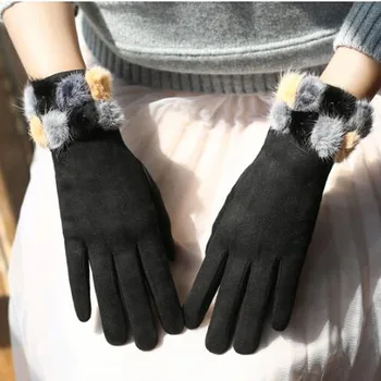 Kış Kadın Sıcak Süet Deri Kaşmir dokunmatik ekran eldiveni Sevimli Kadın Faux Vizon Kürk Topu Kadife Tam Parmak Sürüş Mitten E29