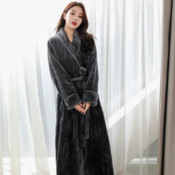 Kış Sıcak Mercan Polar Kimono Robe elbise Kadın Gecelik Pijama Gecelik Uzun Bornoz Samimi Iç Çamaşırı Salonu Ev Giyim