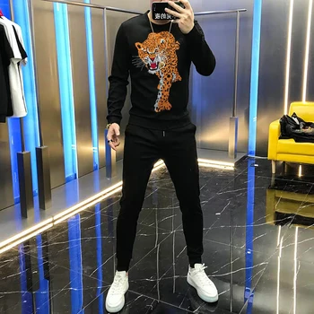 Kışlık kapşonlu erkek Eşofman Sıcak Elmas Parlak Hip-Hop Yeni Kazak + Sweatpants Pamuk Rahat Çift Streetwear
