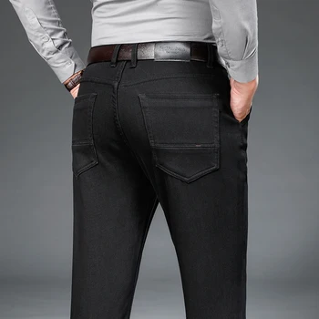 Marka Bahar Kaliteli Saf Siyah Fit Düz Kot Klasik Iş Rahat erkek Yüksek Bel Moda Pantolon Orta Ağırlık Pantolon