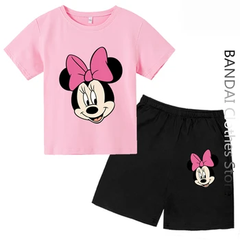 Mickey Mouse Tshirt Seti Çocuk Çocuk yüksek kaliteli tişört Disney Minnie Mouse Kısa Kollu Erkek kadın kıyafetleri 1
