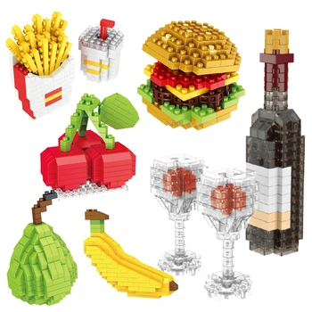 Mini Gıda Fast Food Meyve 3D Modeli Yapı Taşları DIY Şarap Burger Patates Kızartması Hot Dog Kek Bulmaca Montaj Oyuncak Erkek Kız Hediye