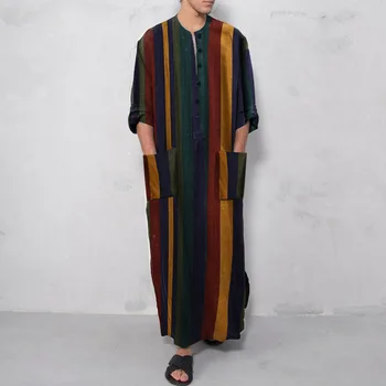 Moda Müslüman Thobe erkek Baskı Şerit Jubba Elbise Uzun Hırka Tunik Düğme Çok Renkli Rahat Kaftan Arapça Ev Açık Ceket
