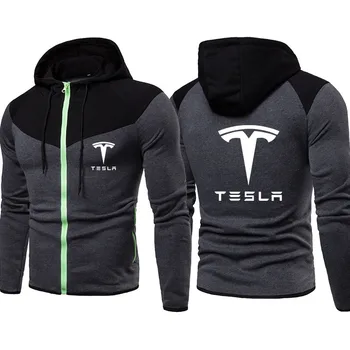 Moda rahat Erkek Kapüşonlu Ceket Tesla araba logosu baskı Dikiş renk Erkek Zip Ceket Polar pamuklu erkek giyim erkek üstleri