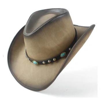 Moda Retro Vintage kadın erkek kovboy Batı turkuaz deri Band Cowgirl şapka