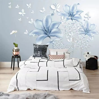 Modern Basit 3D Stereo Mavi Çiçekler Fotoğraf Duvar Resimleri Duvar Kağıdı Oturma Odası Yatak Odası Arka Plan duvar tablosu Ev Dekor Duvar Kağıtları