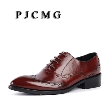 PJCMG Marka lüks Hakiki Deri Erkek İtalya Siyah / Kırmızı Dantel-up Oyma Iş Moccasins Katı Elbise Düğün Ofis Ayakkabı