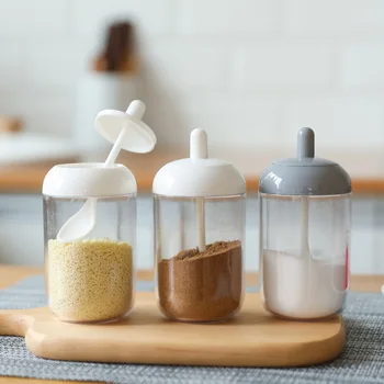 Plastik Şeffaf Mutfak Malzemeleri Baharat Kutusu Tuz Şeker Biber Tozu çeşni şişesi Kaşık ve Kapaklı Entegre