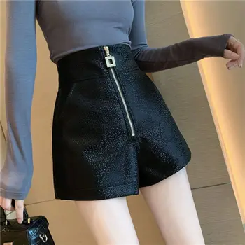 S-XL Bayan Pu Deri Şort İlkbahar Sonbahar Kadın kısa pantolon Yüksek Fermuar İnce Gelgit Akımı Moda Bayan Pantolon Elbise Hw38
