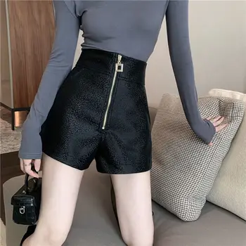S-XL Bayan Pu Deri Şort İlkbahar Sonbahar Kadın kısa pantolon Yüksek Fermuar İnce Gelgit Akımı Moda Bayan Pantolon Elbise Hw38 2