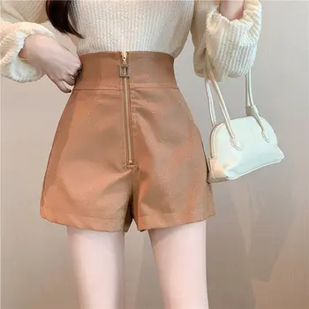 S-XL Bayan Pu Deri Şort İlkbahar Sonbahar Kadın kısa pantolon Yüksek Fermuar İnce Gelgit Akımı Moda Bayan Pantolon Elbise Hw38 3