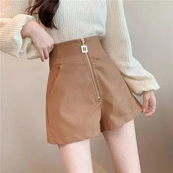 S-XL Bayan Pu Deri Şort İlkbahar Sonbahar Kadın kısa pantolon Yüksek Fermuar İnce Gelgit Akımı Moda Bayan Pantolon Elbise Hw38 4