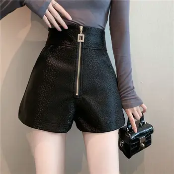 S-XL Bayan Pu Deri Şort İlkbahar Sonbahar Kadın kısa pantolon Yüksek Fermuar İnce Gelgit Akımı Moda Bayan Pantolon Elbise Hw38 5