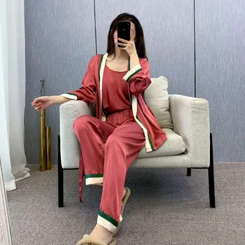 Seksi Rayon Gecelik 3 adet Kadın O-Boyun Pijama Setleri Kimono Bornoz Elbisesi Gömlek ve pantolon Pijama Yumuşak Kıyafeti Rahat Ev Giysileri
