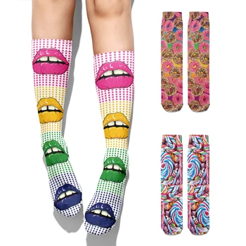 Sevimli Komik Şeker Çörek 3D Baskılı Uzun Çorap Kadın Sonbahar Çorap Kadın Sıcak Pamuk Rahat Renkli Gıda Mutlu Çorap Calcetines