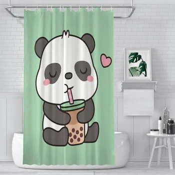 Sevimli Küçük Panda Zevk boba çayı Duş Perdeleri Su Geçirmez Kumaş Komik Banyo Dekor Kanca ile Ev Aksesuarları