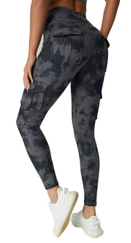 Spor Kadın Tayt Cep Katı Yüksek Bel Push Up Polyester Egzersiz Tayt Kargo Pantolon Rahat Kalça Pop Pantolon