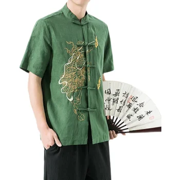 Tang Takım Elbise Hanfu Benzersiz Nakış Standı Yaka Düğmesi erkek gömleği Kung Fu Kızarmış Sokak Serin ve Yakışıklı Rahat Hırka Üst
