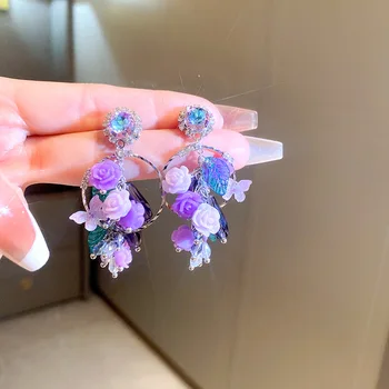 Tatlı Rhinestone Daire Akrilik Gül Çiçek Kelebek Kristal Püskül Damla Küpe Kadınlar için Moda Mizaç Takı